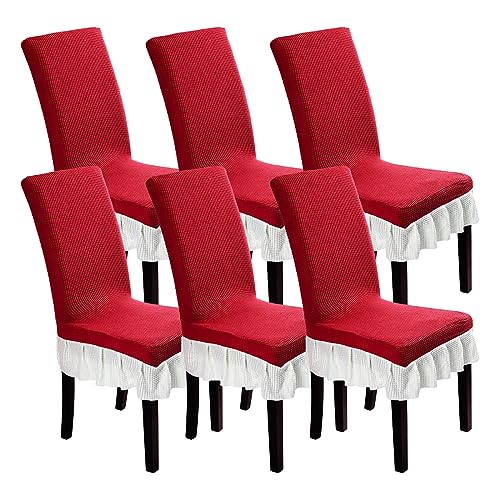 Qubjus Dining Chair Slipcover Stretch Chair Covers for Dining Room 6 Pack Washable Kitchen Chair Cover with Skirt for Home Party (Red & White, 6PC)
