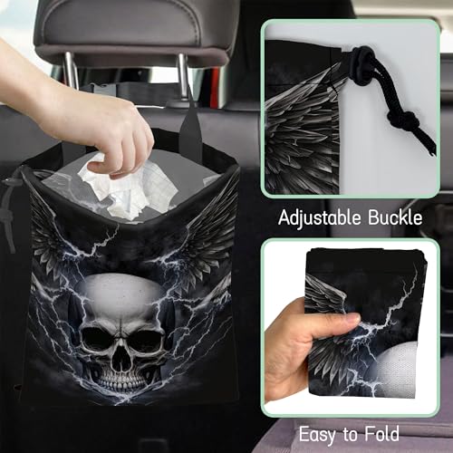 Image of Skull Lightning Car Garbage Bag,Waterproof Small Car Trash Bag Hanging Back of Seat,Drawstring Hanging Car Trash Bag with Adjustable Buckle for Car Accessories
