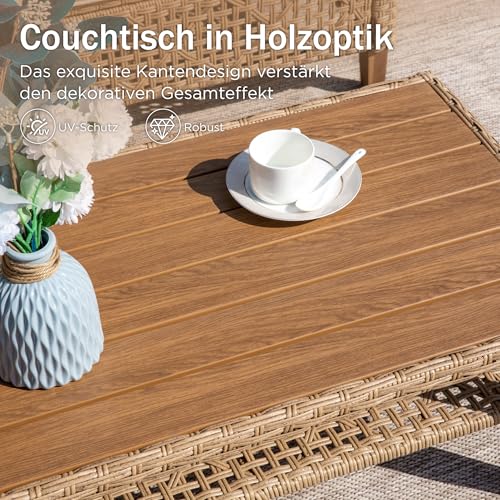 PHI VILLA Gartenmöbel Set Balkonmöbel 3 Teilig, Rattan Lounge Möbel Outdoor mit 1 Chaiselongue, 1 Zweisitzer-Sofa und 1 Kleiner Couchtisch, 4 Personen Terassenmöbel Außen Gartensofa