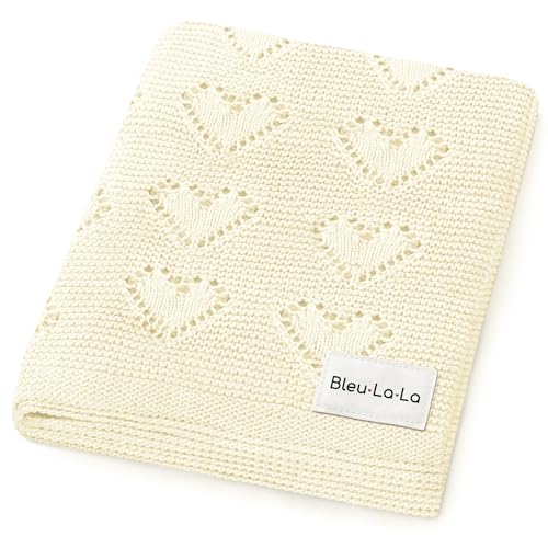 Image of Bleu La La Heirloom Knit Heart Receiving Unisex Blanket for Boys and Girls - 100% Luxury Cotton Baby Blanket - Soft Warm Swaddle Receiving Blanket for Newborns Infants & Toddlers (Ivory)