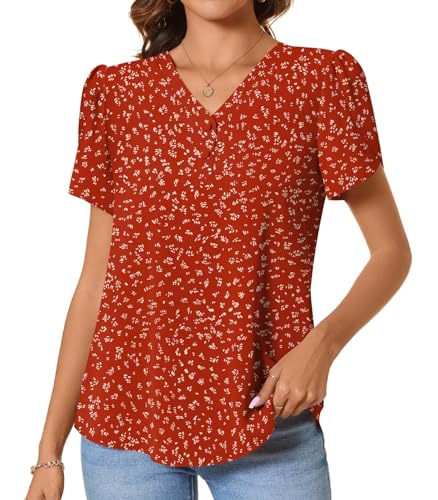 CATHY Womens Casual Summer Tops Dressy Petal Short Sleeve Chiffon Shirts Button Up V Neck Tunic Blouses2