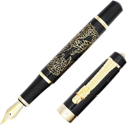 Gullor Pluma estilográfica Descendientes del Dragón/Loong Negro con patrón de dragón dorado y caracteres chinos