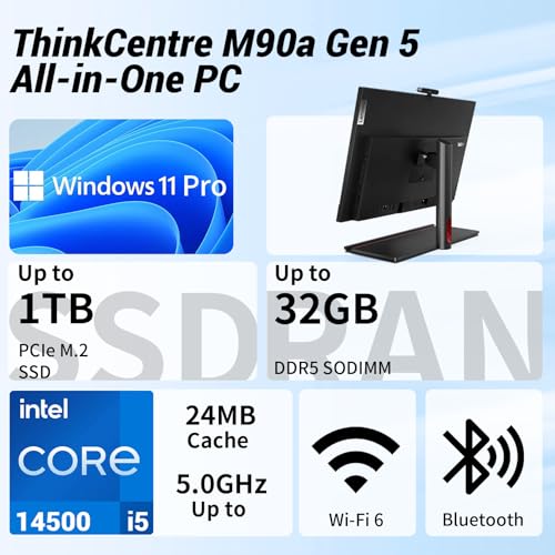 Image of Lenovo ThinkCentre M90a 23.8 inch FHD Business All-in-One, Intel Core i5-14500, 16GB RAM, 512GB SSD, Wired KB & Mouse, RJ-45, HDMI, Wi-Fi 6, DP Port, Windows 11 Pro, Black, w /Bundle