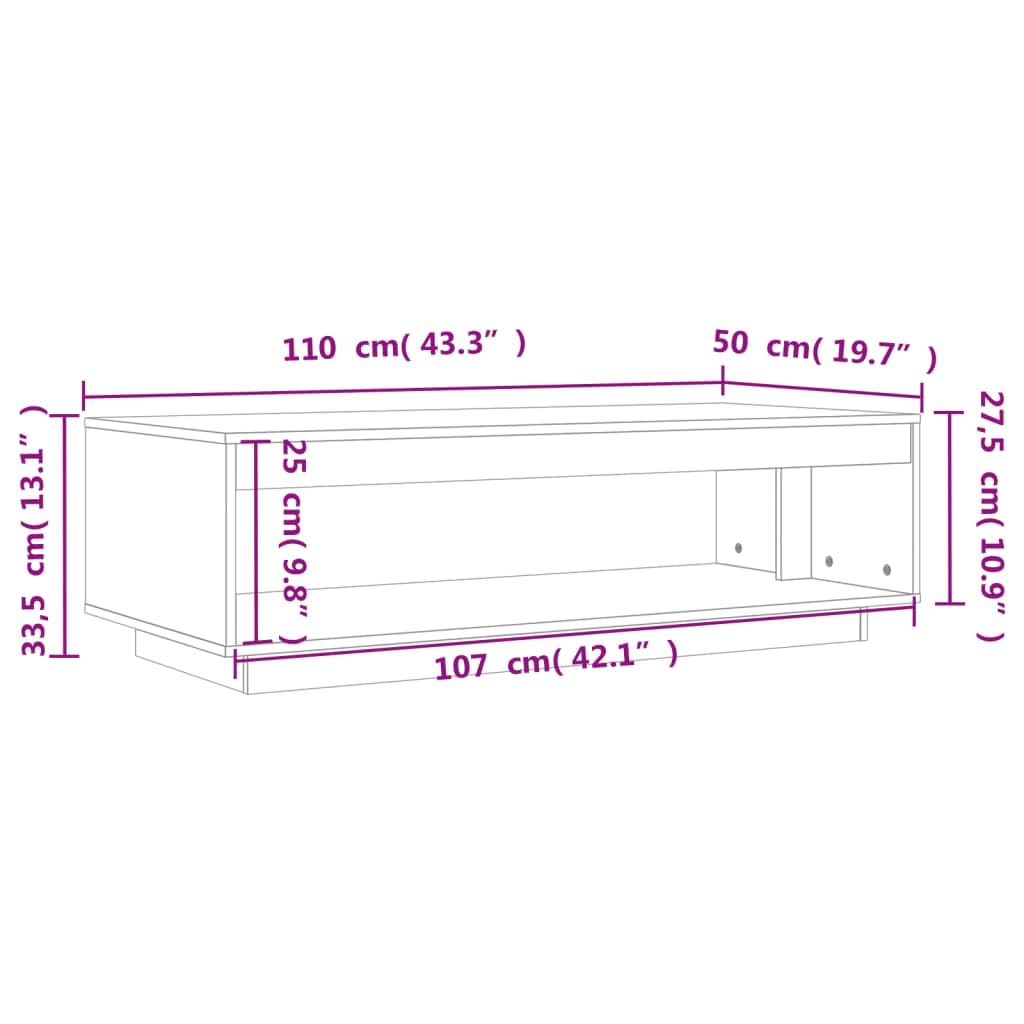 Mesa de centro marrón cera, madera de pino maciza, 110 x 50 x 33,5 cm, con estante y espacio de almacenamiento, moderna mesa de sofá para salón y sala de estar