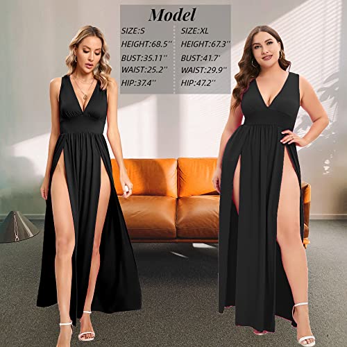 Image of SILUI Women's Summer 2026 Sexy Double High Slit Deep V Neck Plus Size Sundresses Thigh Split Maxi Club Party Dresses