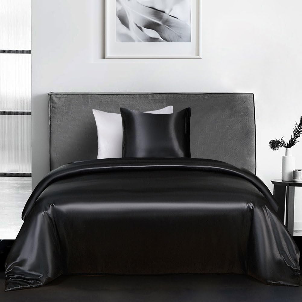 Housse de couette satin 140x200 noir parure de lit 1 personne avec taie