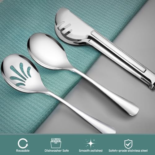Stainless Steel Metal Serving Utensils - Large Set of 9-10" Serving Spoons, 10" Slotted Spoons, and 9" Serving Tongs by Teivio (Silver) - Image 5