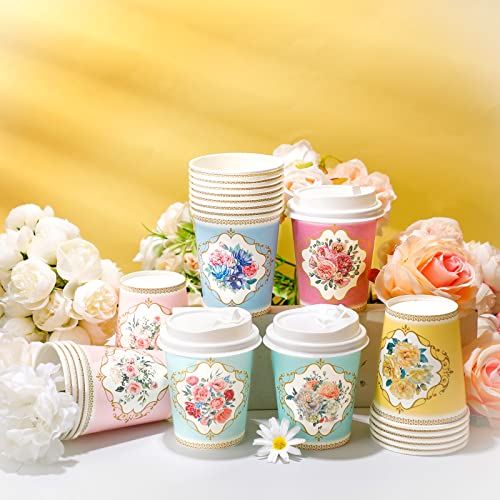 36 Pack Disposable Tea Party Cups 9 Oz Vintage Floral Paper Tea Cups With Lids Tea Party Decorations Floral Disposable Cups For Kids Girls Mom For Birthday Baby Shower Wedding Bridal Table (Bloomy) #TOP4