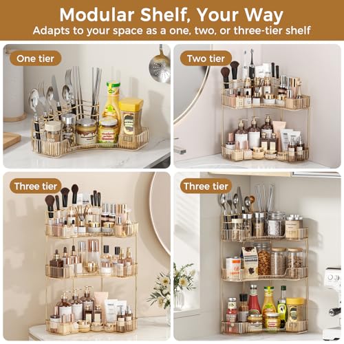 Image of BEFSOP Corner Bathroom Counter Organizer, Upgraded 3-Tier Makeup Organizer Countertop with Makeup Brush Holder, Skincare Exquisite Vanity Organizers Countertop Bathroom Storage Dresser(GOLD)
