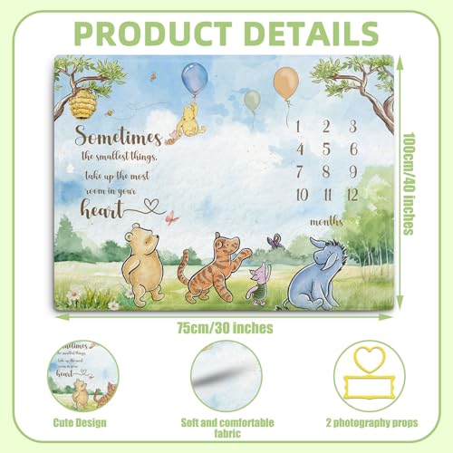 Image of Winnie Milestone Blanket for Baby, the Pooh Babies Monthly Blanket, Classic Winnie Baby Growth Blankets with Photo Tools, Winnie Quotes Sometimes the Smallest Things Milestone Blankets