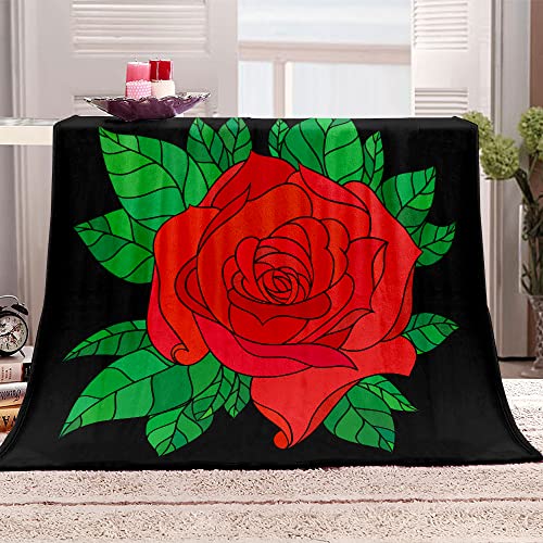 Wesan Red Rose Flower Floral Blanket Gifts For Mom Mother's Day Women Girls Kids Presents Valentine's Day Birthday Christmas Green Leaf Decor Soft Cozy Plush Flannel Throw Black 50"X60" #TOP2