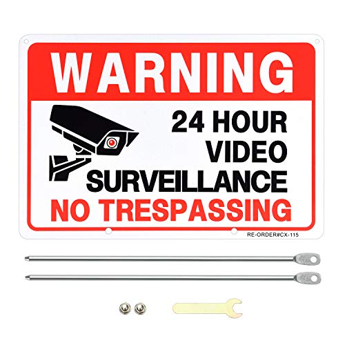 MUXYH 2 Pack Video Surveillance Sign with Metal Stakes, 12'' X 9'' Aluminum No Trespassing Warning Sign for Yard Home Business CCTV Security Camera - Image 3