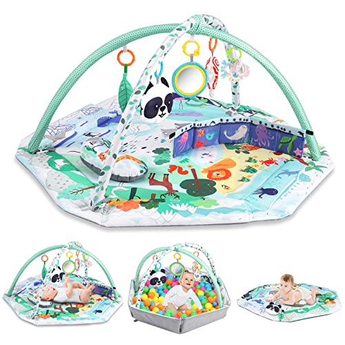 Image of 5-in-1 Baby Play Gym Mat, Tummy Time Mat & Baby Activity Gym & Ball Pit for Sensory Exploration and Motor Skill Development, Included 5 Toys & Self-Discovery Mirror & Tummy Time Pillow