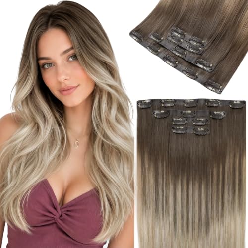 Image of LaaVoo Seamless Clip in Hair Extensions Human Hair Balayage Blonde | Light Brown to Blonde Hair Clips for Daily Wear, Natural, Invisible, 18 inch 100g 4Pcs