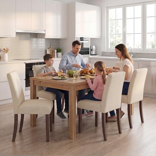 Image of Upholstered Dining Chairs Set of 4, Mid-Century Dining Room Chairs with Wooden Legs, Farmhouse Fabric Parsons Chairs for Small Space Restaurant & Cafe- Beige