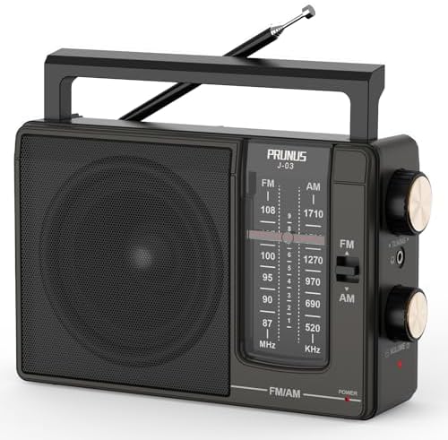 PRUNUS J-03 AM FM Radio Portable Plug in Wall or AA Battery Operated for Home/Outdoor, Large Speaker Excellent Sound, Excellent Reception 19.5 ant, Large Tuning Knobs for Easy to Use,Gifts for Seniors