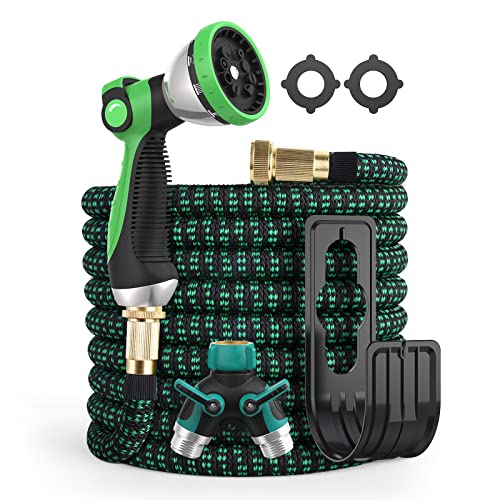 Hose Expandable Garden Hose 75ft, 10-Way Zinc Sprayer Water Hose, 3750D Lightweight Garden Hose Heavy Duty with 2-Way Splitter, Flexible Hose Equipped Leakproof 3/4' Brass Connector, Green Upgraded