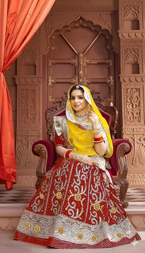 Image of Heavy Embroidery Work Semi Stitched Shimmer Silk Rajputi Poshak For Women Rajasthani Lehenga Choli