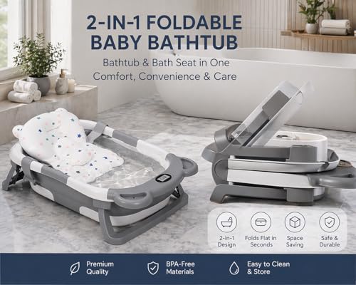 Image of TINSY Foldable Baby Bath Tub with Built-in Water Thermometer & Soft Head Support Pillow | Portable Newborn Bathtub | Anti-Slip Legs | Space-Saving Infant Bath Tub for Babies & Toddlers | Cloud Grey