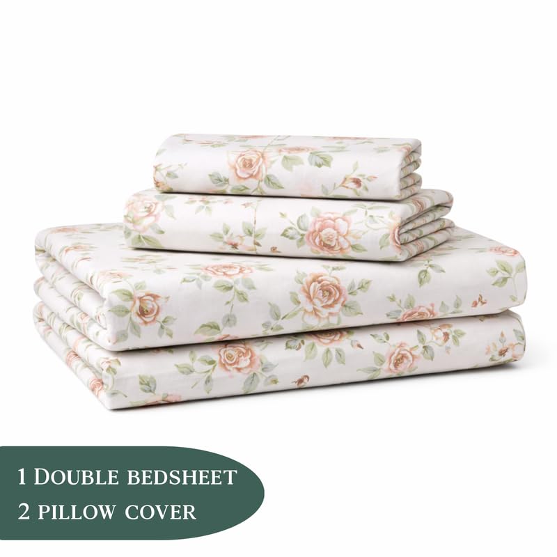Image of THEA Elastic Fitted Double Bedsheet Set| 100% Cotton Like Soft Fabric | Microfiber Double Bedsheet for Double Bed (72 X 78 x 6 inches) with 2 Pillow covers,English Blossom
