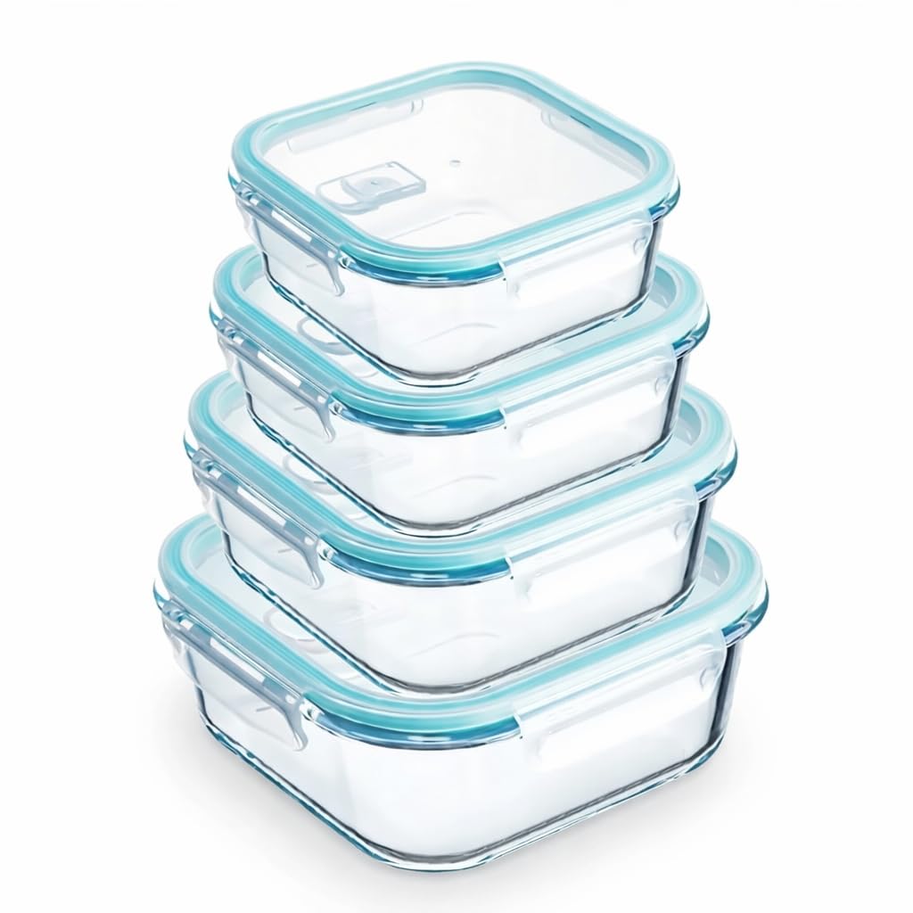 Recipientes de vidrio para almacenamiento de alimentos con tapas, paquete de 4 recipientes cuadrados herméticos a prueba de fugas, lonchera de vidrio apta para microondas para nevera y cocina