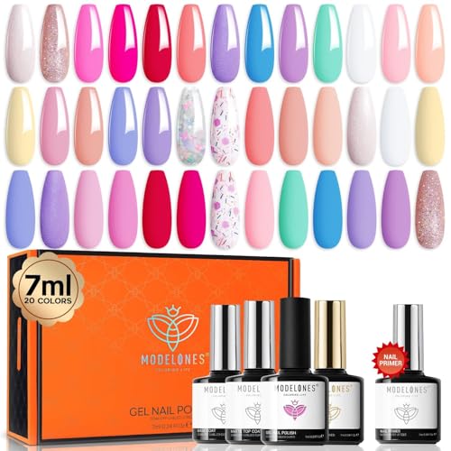 Modelones Smalto Semipermanente Unghie Set 24PCS Kit Semipermanente Unghie 20 Colori Rosa Pastello con Base e 3 Opaco&Glitter&Lucidi Top Coat Semipermanente Smalti per Unghie in Gel per Estate,7ml