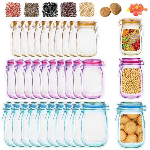 WSNDM 30 Stück Mason Jar Zip Beutel, 3 Größen, Wiederverwendbare gefrierbeutel Luftdichte Versiegelung Bags, Auslaufsichere Snacks Taschen, für Reisen, Camping, Picknick