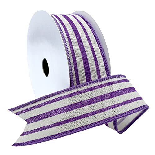 Morex Ribbon Wired Linen Spring Cabana Stripes Ribbon 1.5 inches by 10 Yards Purple 7579.40/10-610