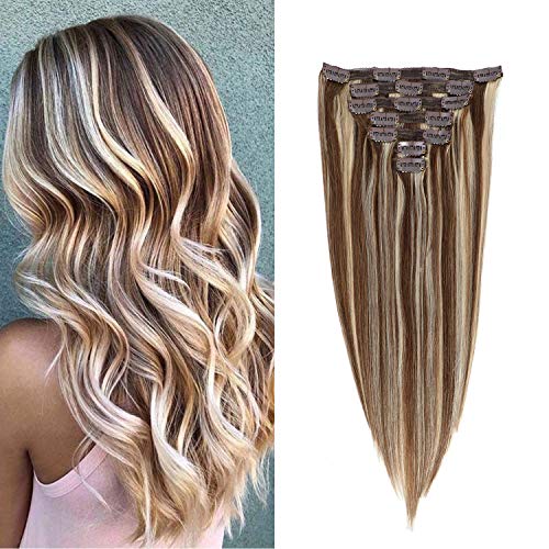 Clip in Straight Hair Extension Remy Hair Clip Ins for Women Chestnut Brown to Bleach Blonde Highlights Double Weft Long 7 PCS 120g (20", 6-613)