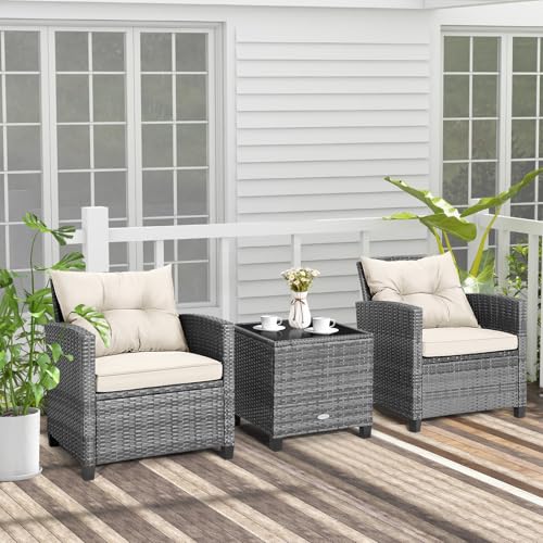 Image of Tangkula 3 Pieces Patio Furniture Set, PE Rattan Wicker 3 Pcs Outdoor Sofa Set w /Washable Cushion and Tempered Glass Tabletop, Conversation Furniture for Garden Poolside Balcony (Mix Grey-White)