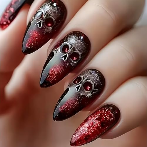 24Pcs Halloween Press on Nail Skull Nails Press ons Medium Almond...