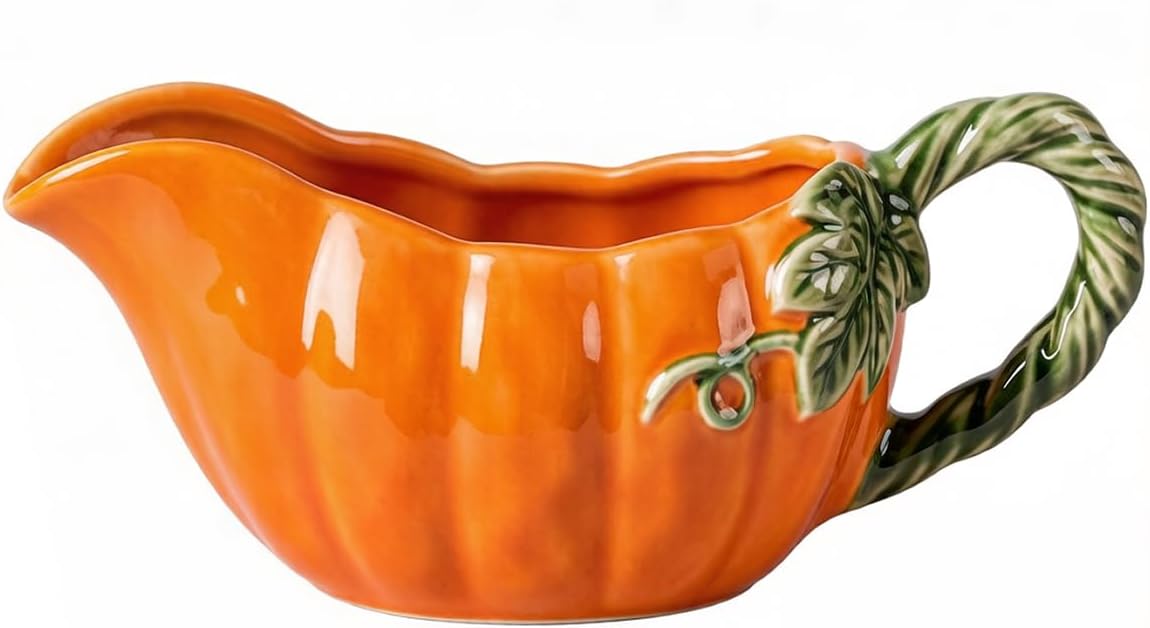 Sizikato 12 Oz Gravy Boat, Cute Pumpkin Style Ceramic Sauce Boat for Dressings, Gravy, Creamer.