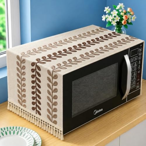 Image of Premium Cotton Microwave Oven Cover | Elegant Embroidered Leaf Design with Decorative Tassel Fringe | Dustproof Washable Kitchen Appliance Protector | Appliances Cover | 100 x 35 CM (Brown)