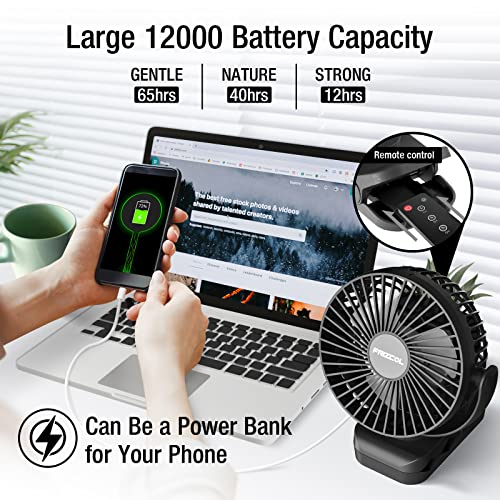 Image of Clip on Fan 65 Hours Portable Desk Fan Rechargeable with LED Lights & Hooks 12000 Capacity Battery Operated Fan with Clips Small Desk Fan Mini Fans for Tents Travel Outdoor Camping Golf Cart, Black