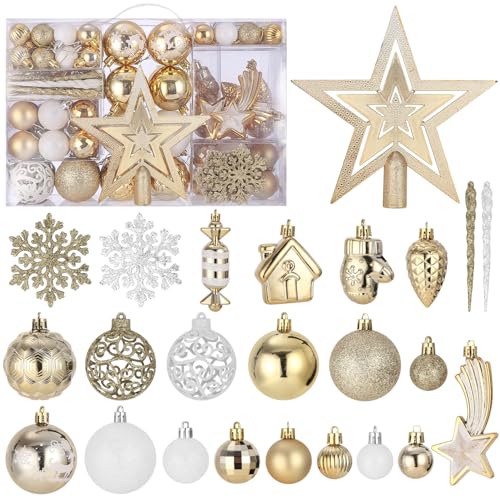 Lot de 121 Pièces Boule de Noel Or et Blanc, Decoration Noel Sapin à Suspendre, Décoration Sapin de Noël Incassable, Boules de Noel avec Etoile de Cime d'arbre Noel Plastique, pour Deco Noel, Ø3/4/6cm