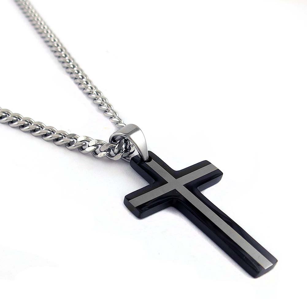 Yeidid International Stainless Steel Black Cross Pendant Cuban Curb Chain for Men 24'' ...