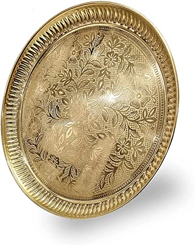 Craftsman 10 Inch Pure Brass Floral Design Pooja Aarti Thali Plate for Mandir, Temple, Indian Festival, Diwali, Aarti Platter for Prayer, Wedding Gift