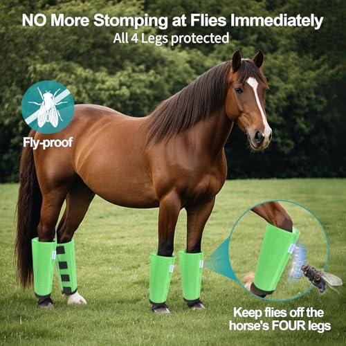 Image of Mesh Horse Fly Boots Set of 4, Loose Fitting Leggings for Horses, Reduce Stressful Stomping, Breathable Adjustable and Universal Fit for 4 Legs, Reliable Stay Put (Green)