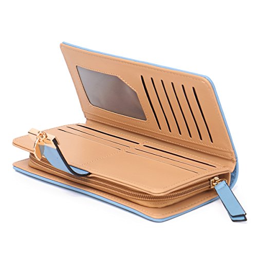 Women's Long short Leather Money Clip Card Case Holder Purse Zipper Buckle Elegant Clutch Wallet（pair） (Blue)3