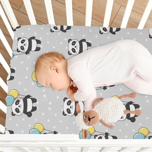 Image of Panda Stars Balloon Grey Fitted Crib Sheet for Boys Girls Baby Bed Sheet for Toddler Mattresses,39 x 27 in