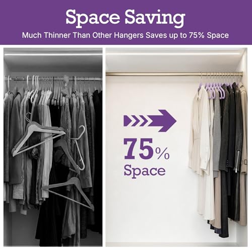 Image of HOUSE DAY Lt-Purple Velvet Hangers 60 Pack, Non Slip Clothes Felt Hanger Heavy Duty for Coat, Premium Slim Space Saving Suit Hangers for Closet Organizer, 360 Rotating Silver Hook