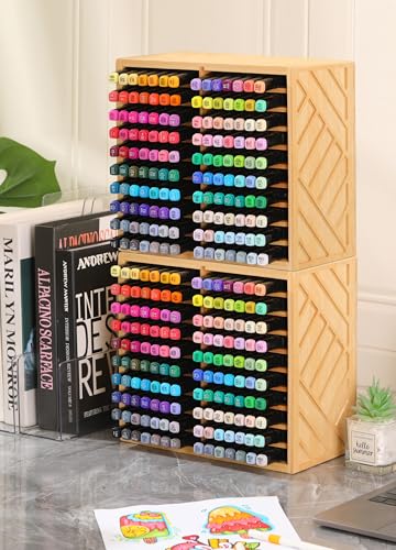 Image of Bamboo Marker Organizer for Desk, Marker Storage Organizer for 140 Markers,Pens, Pencils and Art Brushes,Wooden marker holder for Home, Classroom and Office Decor,Bamboo