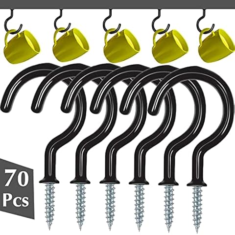 70PCS Screw in Hooks for Hanging, 1-1/4 Inch Black Coated Hooks Screw Hooks Cup Hooks Screw-in Wall Hooks Heavy Duty Metal Ceiling Hooks for Outdoor Lights, Mug, Key, Plants, Wind Chimes & Indoor Use Cover