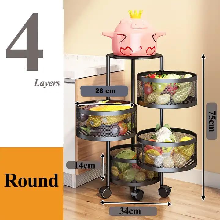 Image of MARKWELL Round Rotatable Kitchen Trolley with Wheels | Vegetable Fruit Onion Storage Rack | Multipurpose Metal Kitchen Organizer Stand | Matt Black (Round - 4 Layer)