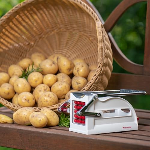 Foto von Westmark Pommesschneider - mit Soft-Touch-Hebel mühelos Gemüsesticks, Pommes & Co. zubereiten - Gemüseschneider inkl. 3 Edelstahl-Einsätzen (weiß-anthrazit)