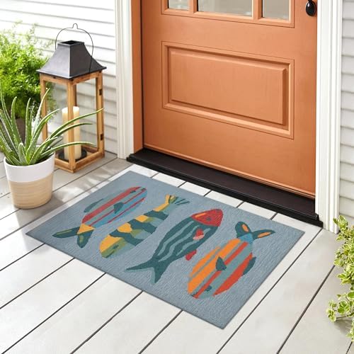 Liora Manne FrontPorch Indoor/Outdoor Hand Tufted Durable Area Rug - Transitional Coastal Ocean Decorative (Fishes Aqua) (2' x 3')