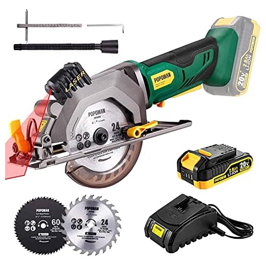 POPOMAN Cordless Circular Saw, 4-1/2" Saw with Laser Guide, 20V 2.0Ah Battery, 1H Charger, 9.5" Base Plate, Max Cutting Depth 1-11/16'' (90°), 1-1/8'' (45°), Wood, Plastic and Metal Cuts - MTW80B