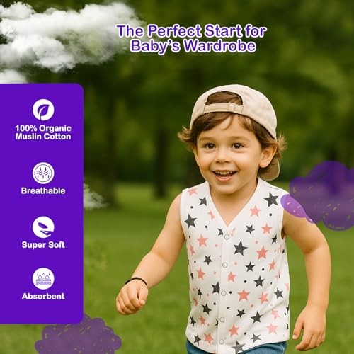 Image of Kidbea Newborn Baby Jhabla Muslin Cotton Clothes for Boys & Girls | Soft Breathable, Cute Printed Sleeveless Baby Wear with Button Closure