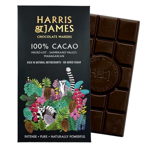 Harris & James 100% Cacao Chocolate Bar. Made From Madagascan Cacao Naturally Rich In Flavonoids & Antioxidants. Bean To Bar Chocolate Suitable For Vegans.