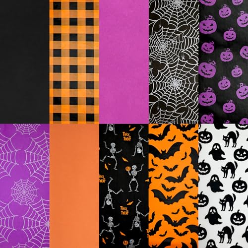 Adurself 100 Sheets Halloween Tissue Paper 14X20 Black Orange Purple Wrapping Paper with Ghost Pumpkin Bat Spider Pattern Art Packing for Halloween Birthday Party Gift Bag DIY Crafts (10 Patterns)